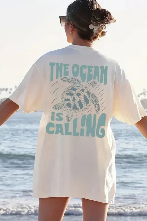 2024 New Cute Turtle Letter Printed T-shirt Summer Short Sleeved Round Neck Casual Top Pure Cotton Women's Fashion Clothing