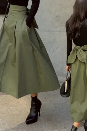 Skirts Womens Korean Fashion Solid Color Big Swing Ladies Skirt Long Skirt 2025 Autumn Wild High Waist Bow Slim Skirts