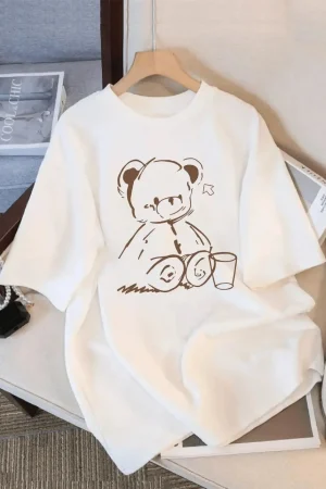 Cute Teddy Bear Print Crew Neck Tops Women's Fit Short Sleeve Cartoon Fashion Coffee Cup Kawaii Women Clothing
