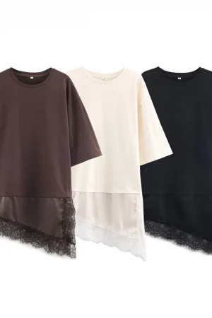 2025 Winter New Product Women's Slim Straight Round Neck Short Sleeve Asymmetric Hemp Splicing Lace T-shirt