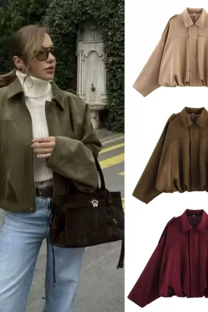 Women's Fashion Pilot Jacket with Bat Sleeves and Zipper, Casual Top