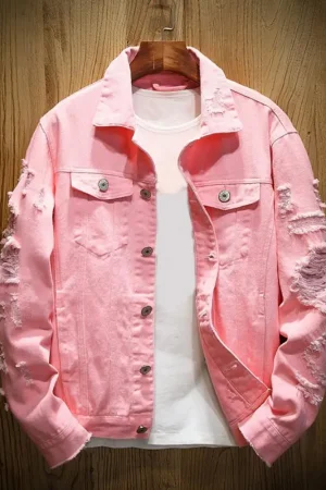 Ripped Hole Jean Men Jackets Outerwear Warm Denim Coats Turndown Collar Loose Buttons Men Denim Jackets Solid Color Denim Coat