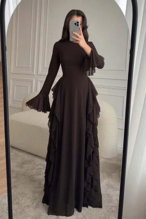 2025 European and American Women's Elegant Casual High-Waisted Solid-Colour Bell-Sleeve Dress Long Dress with Long Sleeves