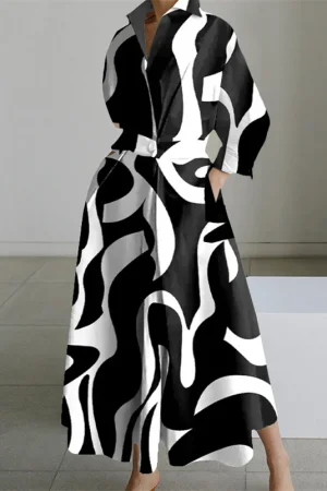 Plus Size Dress for Women Summer Elegant Lapel Oil Painting Button Shirt Dress Vestidos Casual 3/4 Sleeve Dress Party Vestido