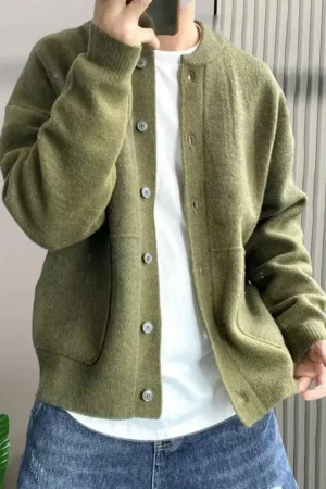 Sweater Coat Men's Round Neck Knitted Cardigan Sweater with Single-breasted Closure Solid Color Long Sleeve Coat for Warmth